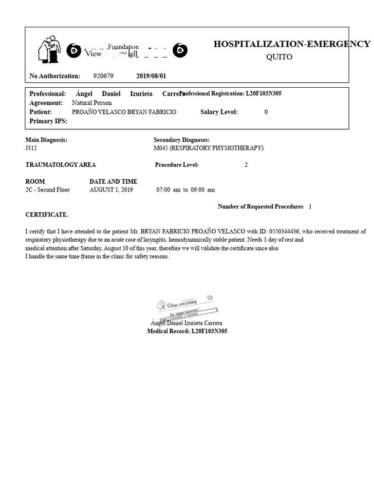 Emergency Hospitalization Certificate | PDF