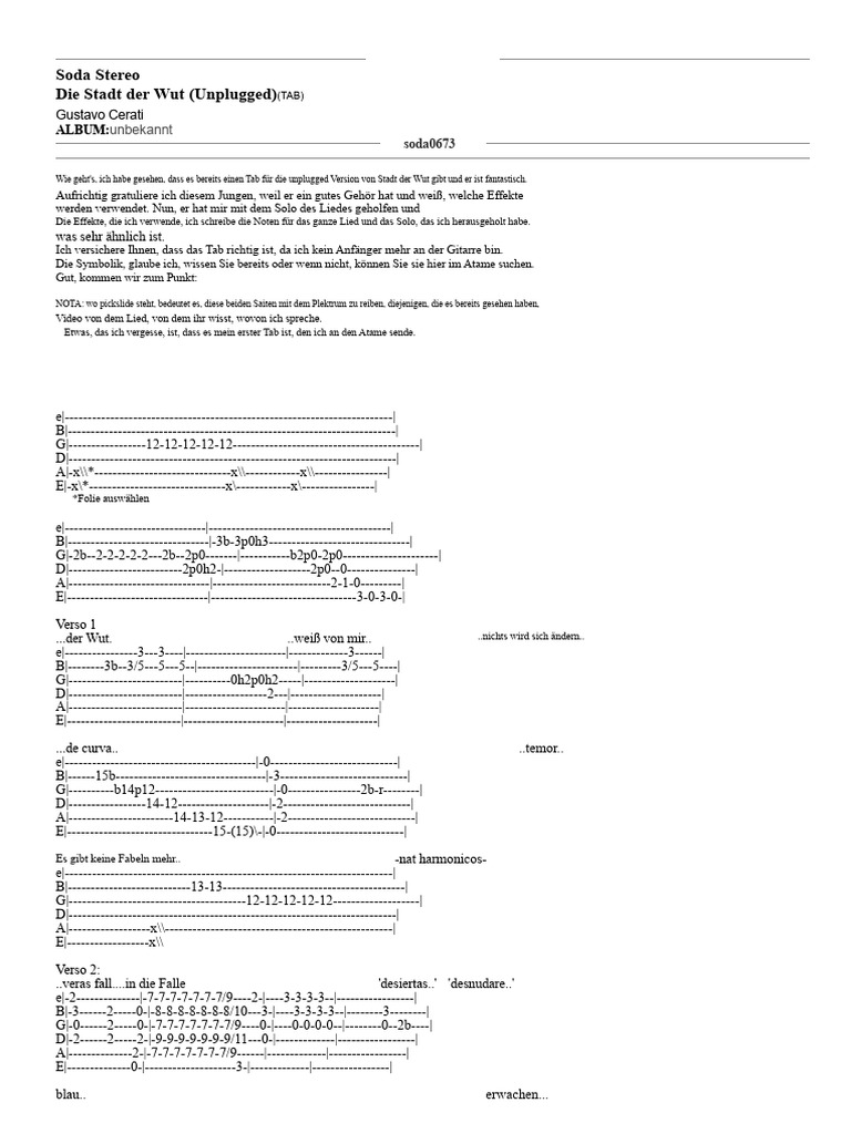 Soda Stereo, Die Stadt Der Wut (Unplugged) - Gitarren-Tabulatur | PDF