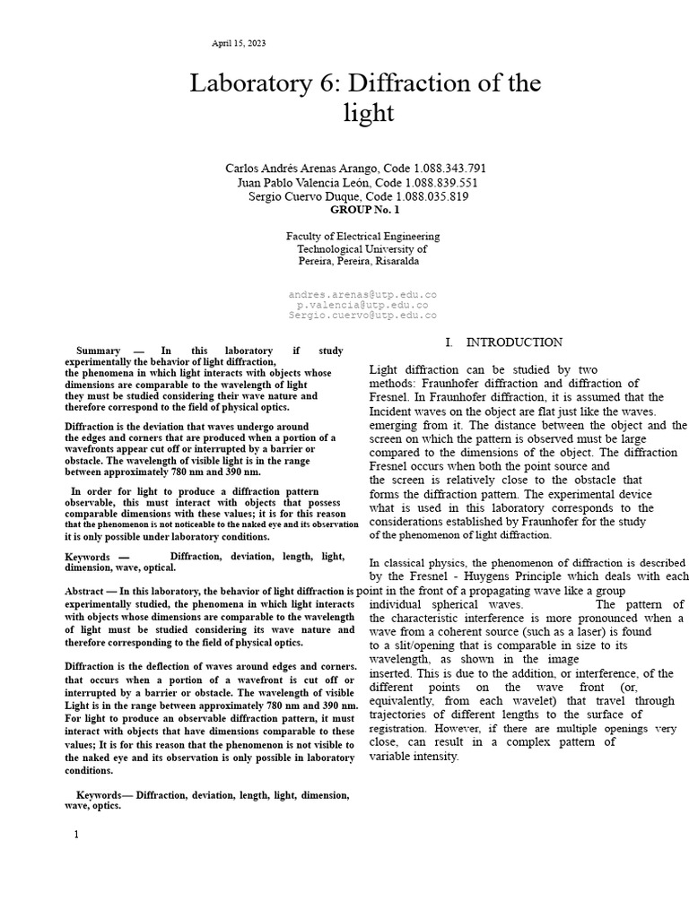 Report Practice 6 Lab. Physics III | PDF | Diffraction | Wavelength