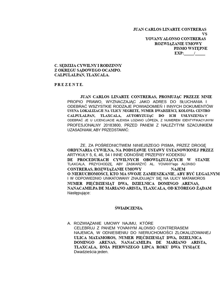 Pismo Wst pne Dotycz ce Rozwi zania Umowy PDF