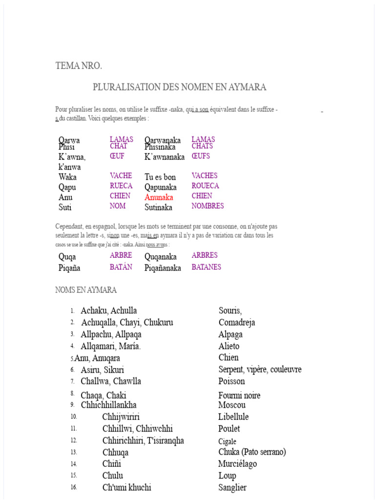 Pluralisation des noms en Aymara | PDF | Nombre grammatical | Échecs