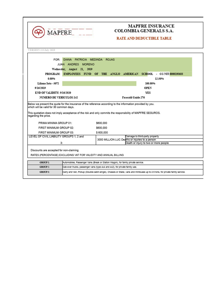 MAPFRE Colombia Car Insurance Quote | PDF | Insurance | Vehicles