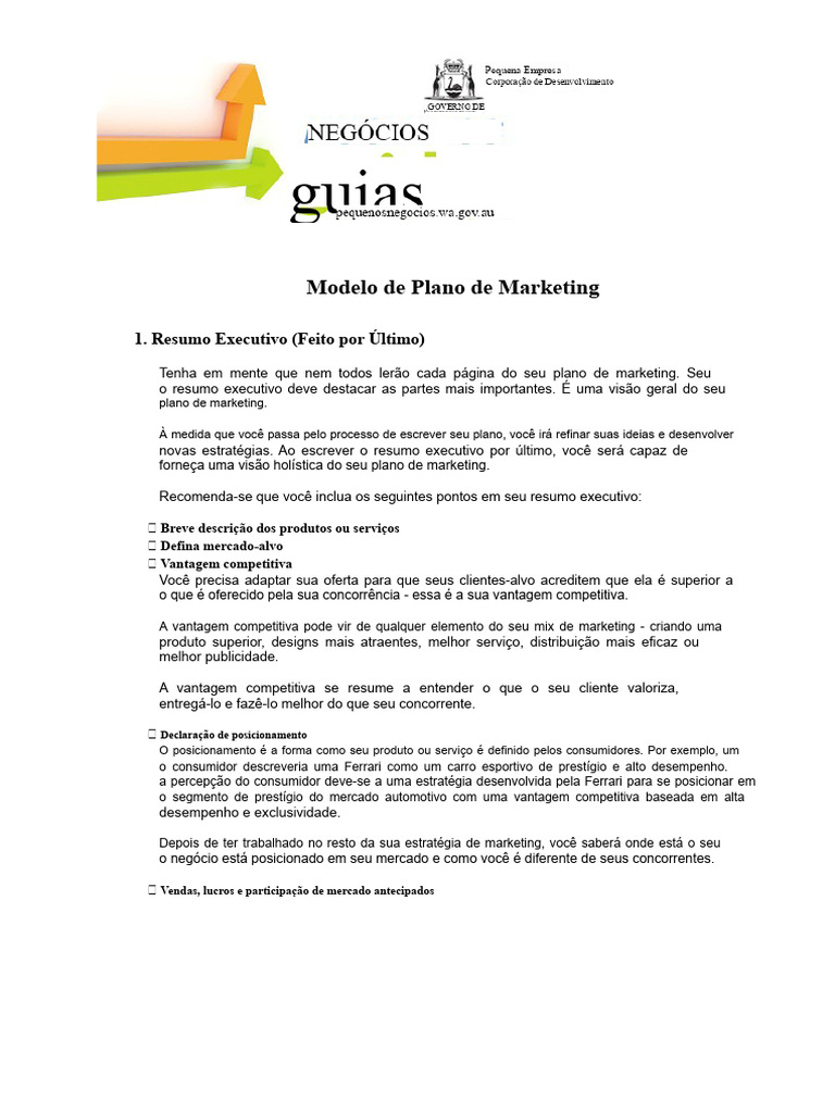 Modelo de Plano de Marketing Eficaz | PDF | Marketing | Vantagem ...