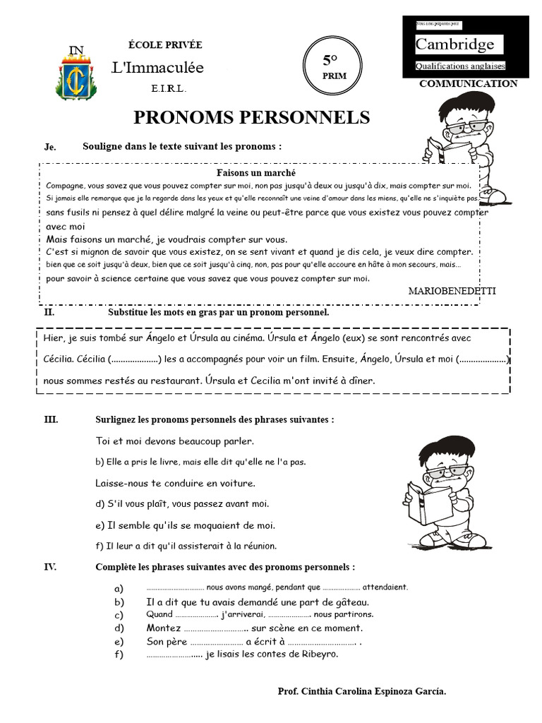 Exercices sur les pronoms personnels | PDF | Nombre grammatical | Genre ...