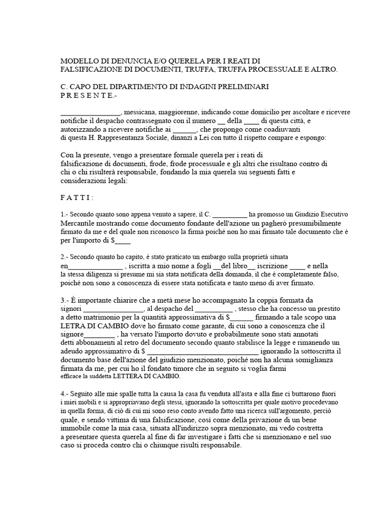 Modulo Di Denuncia o Querela Per I Reati Di Falsificazione Di Documenti ...