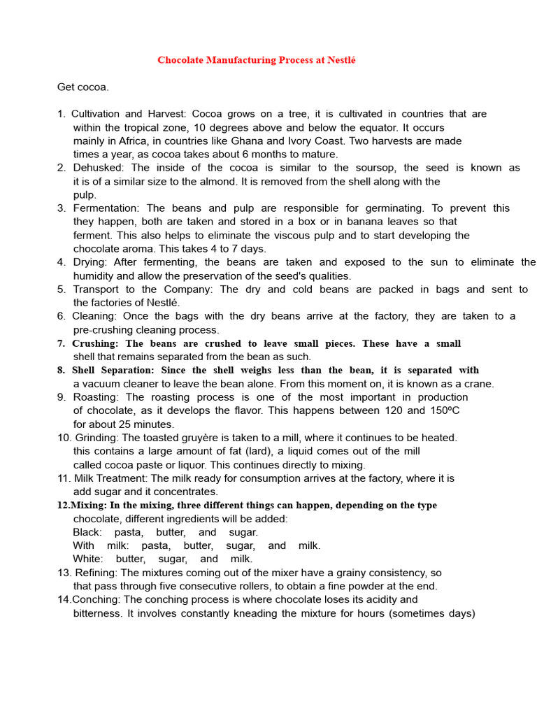 Nestlé Chocolate Manufacturing Steps | PDF | Cocoa Bean | Chocolate