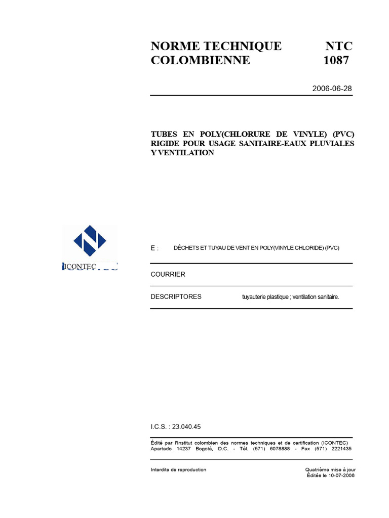 Norme NTC 1087 : Tubes PVC sanitaires | PDF | Polychlorure de vinyle ...