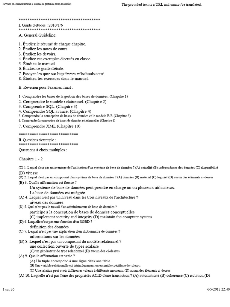 Révision examen SGBD : Guide et QCM | PDF | SQL | Bases de données