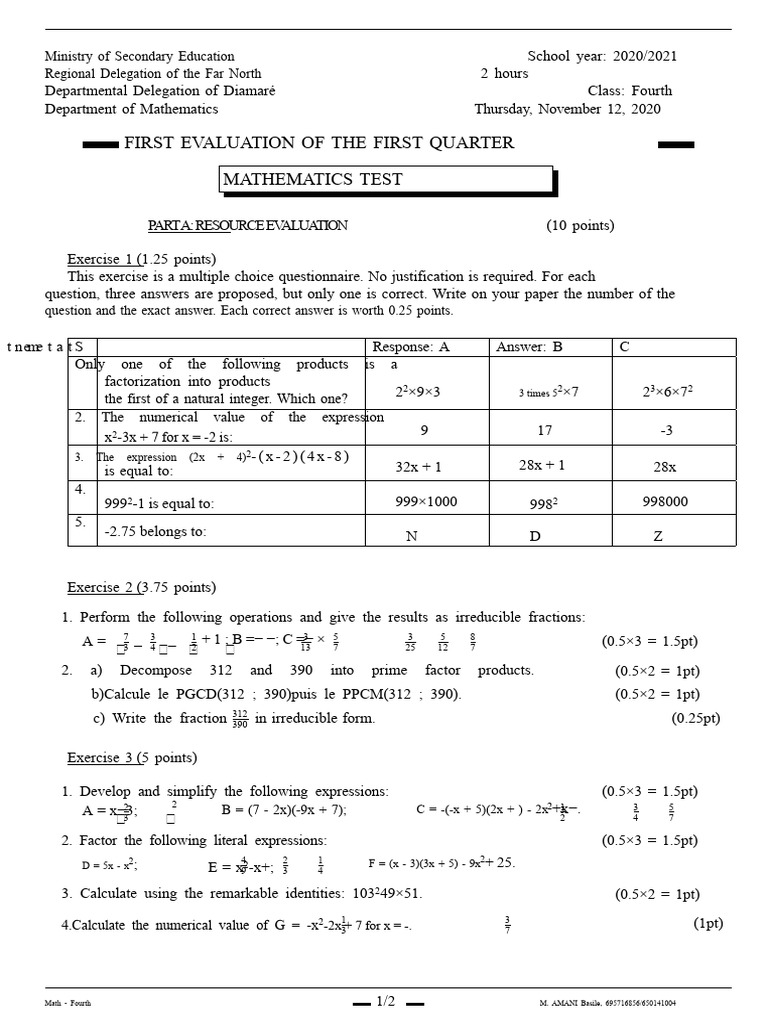 Fourth Grade Math Evaluation 2020 | PDF | Mathematics | Number Theory