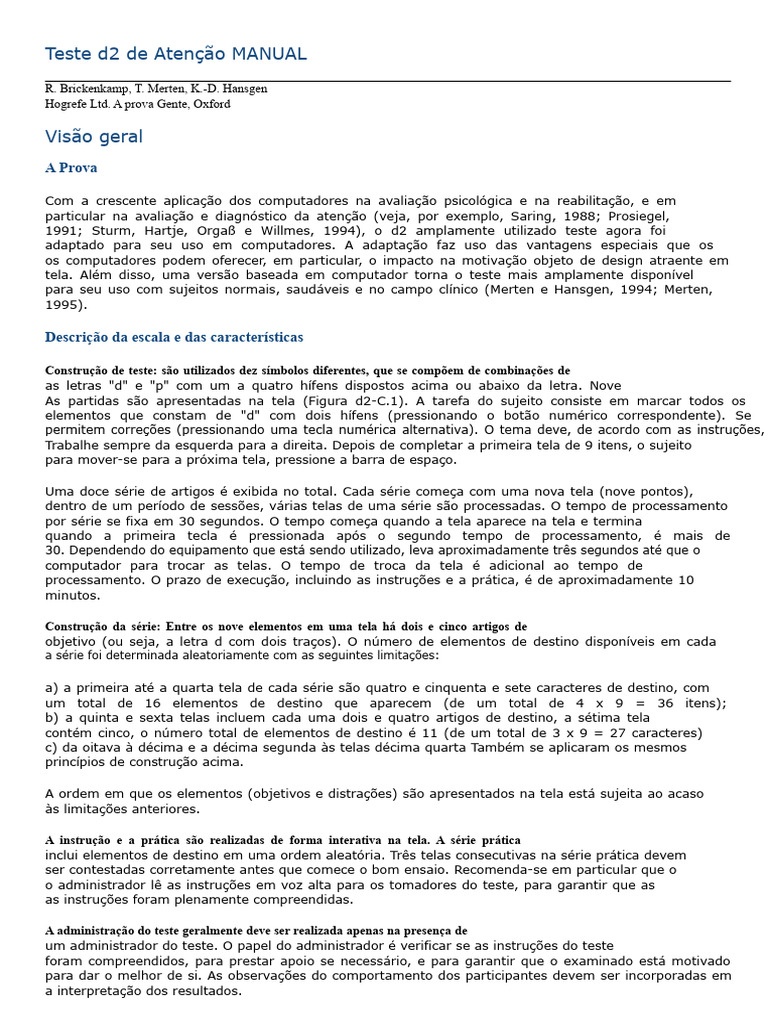 Teste d2 de Atenção: Manual Completo | PDF | Tempo | Dados