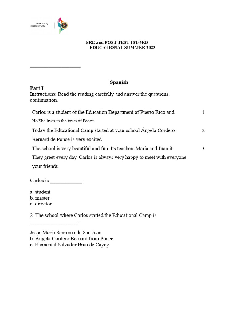 Pre and Post-Test For First, Second, and Third Grades | PDF