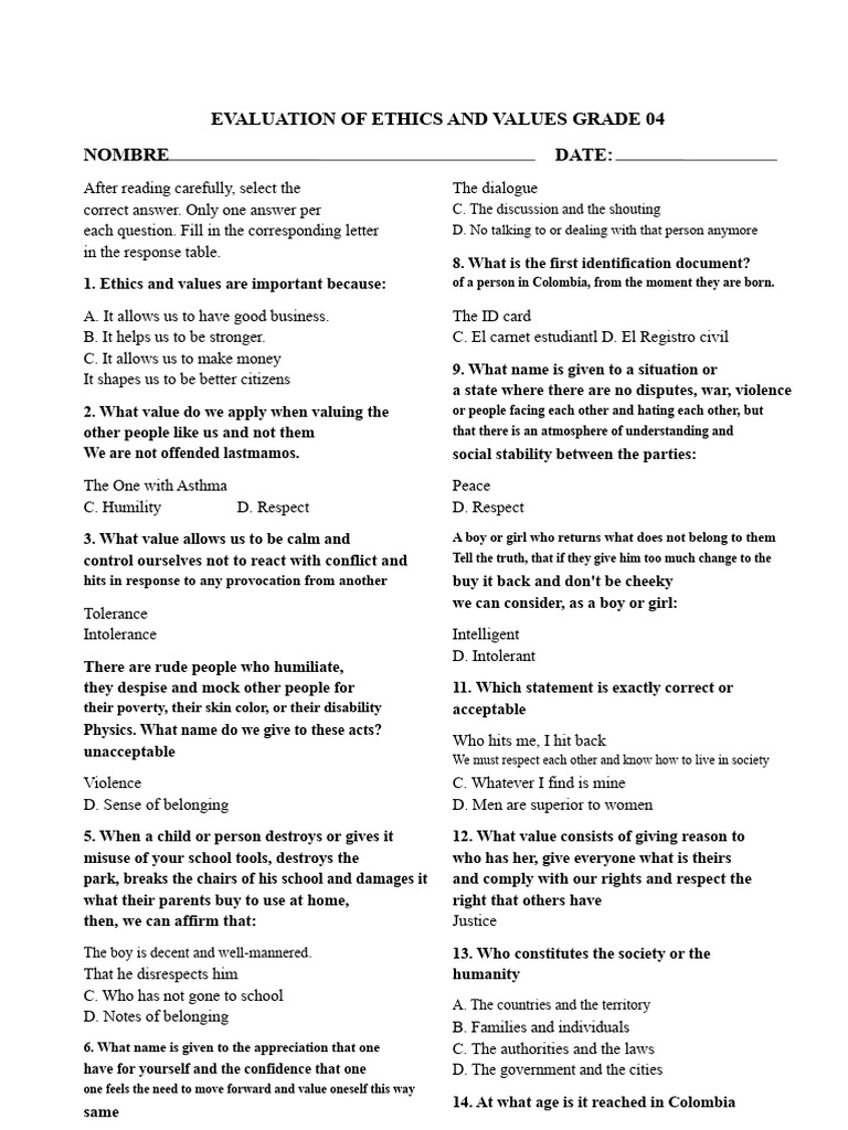 Grade 4 Ethics and Values Evaluation | PDF