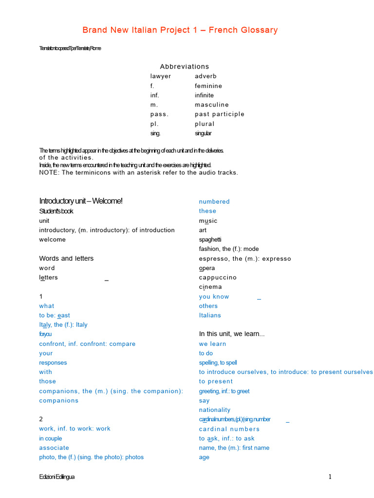 Italian Language Glossary and Exercises | PDF | Grammatical Number ...
