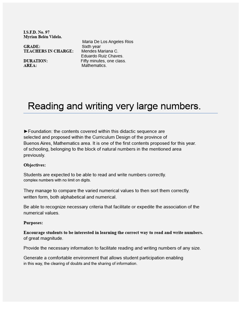 Teaching Large Numbers in Sixth Grade | PDF | Literacy | Learning