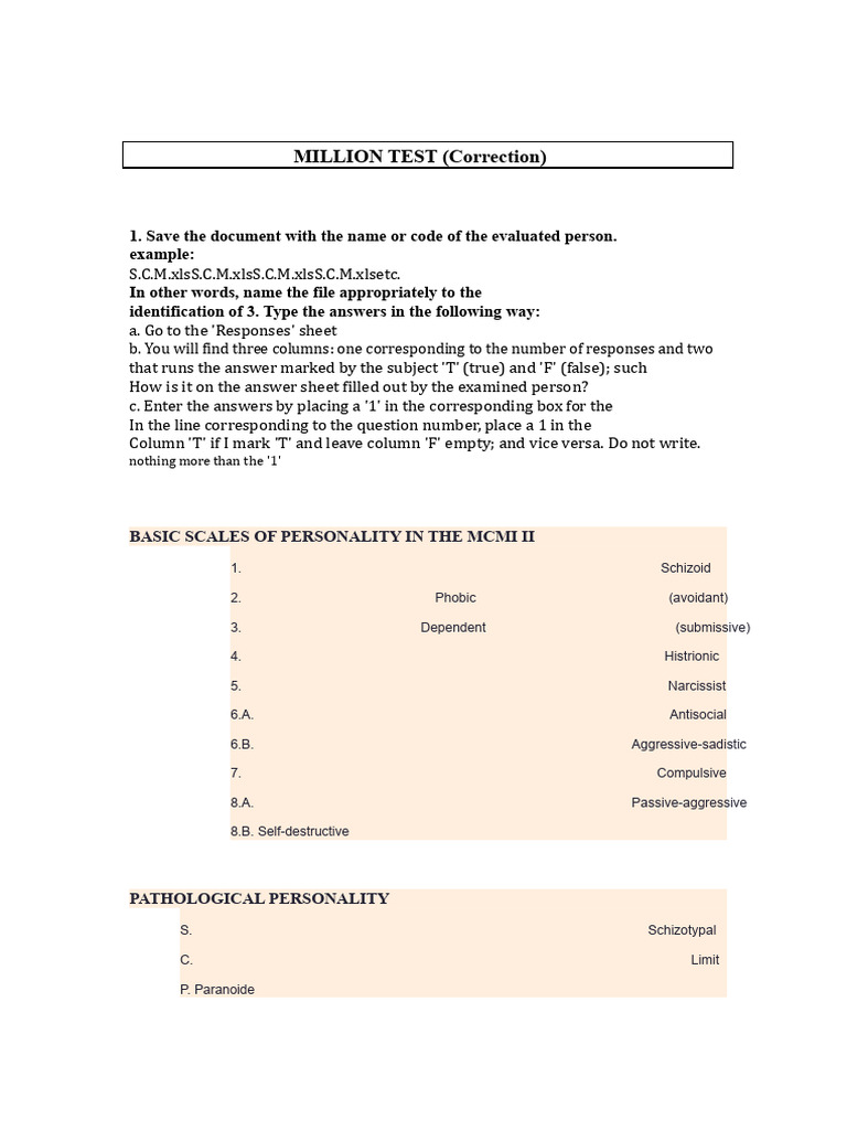 Correction MILLION TEST II | PDF | Personality Disorder | Major ...