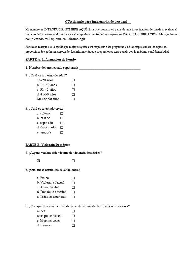 Cuestionario Sobre El Empoderamiento de La Mujer | PDF | Violencia ...