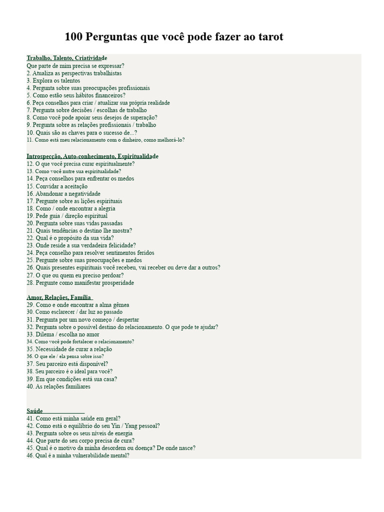 100 Perguntas Que Você Pode Fazer Ao Tarô | PDF | Tarô | Aprendizado