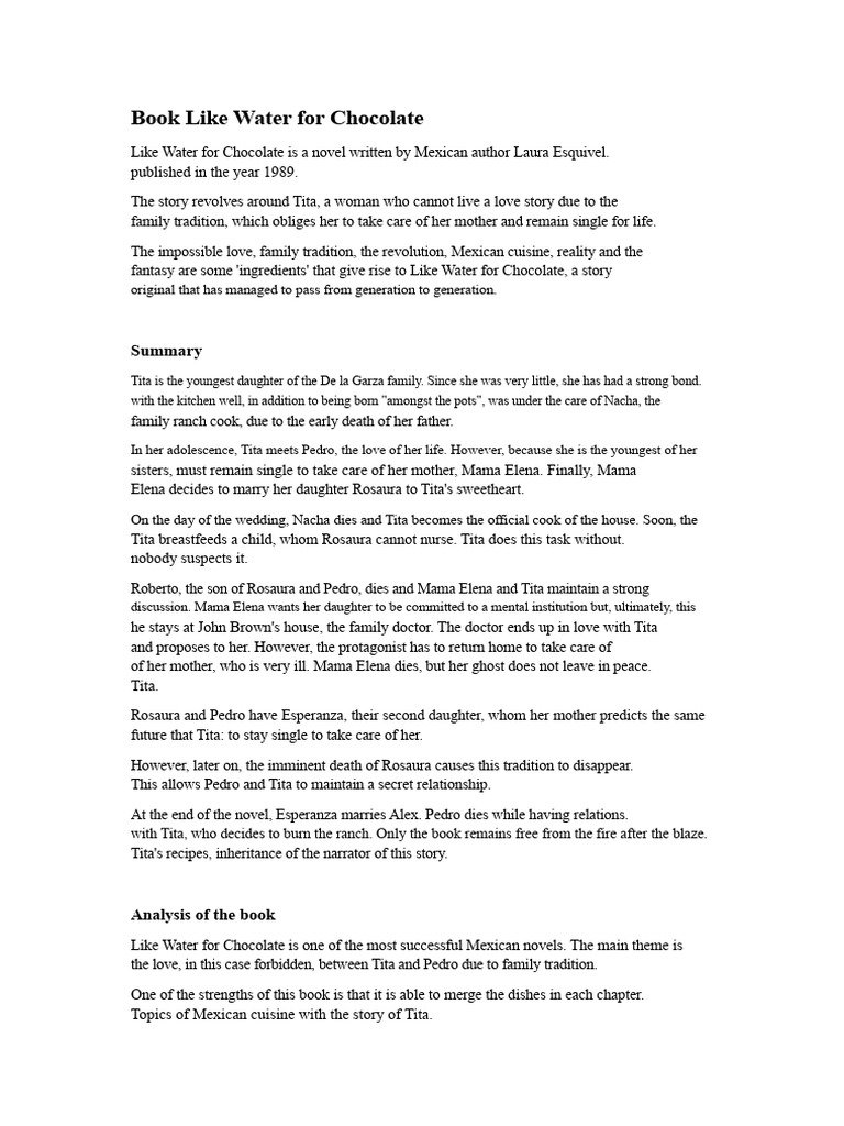 Like Water for Chocolate Summary PDF