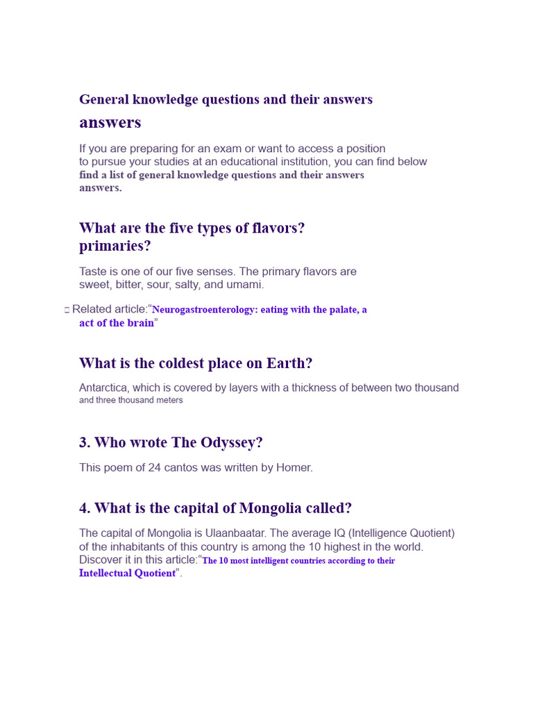 General Knowledge Questions and Their Answers | PDF | Redox | Taste