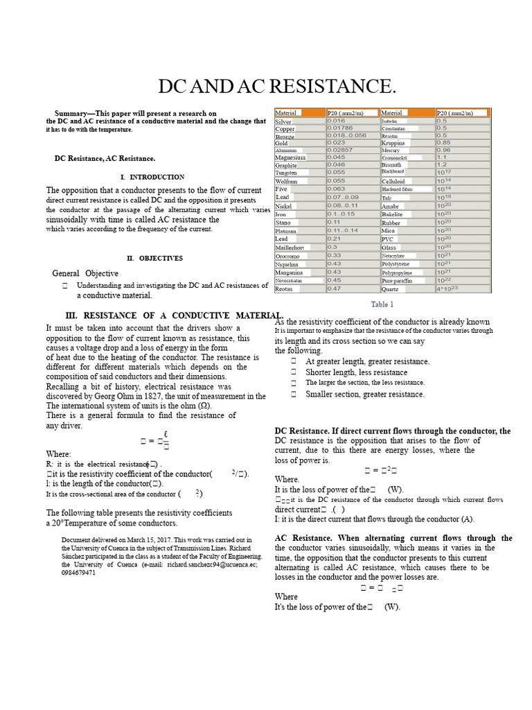 DC and AC Resistance in Conductors | PDF | Electrical Resistivity And ...