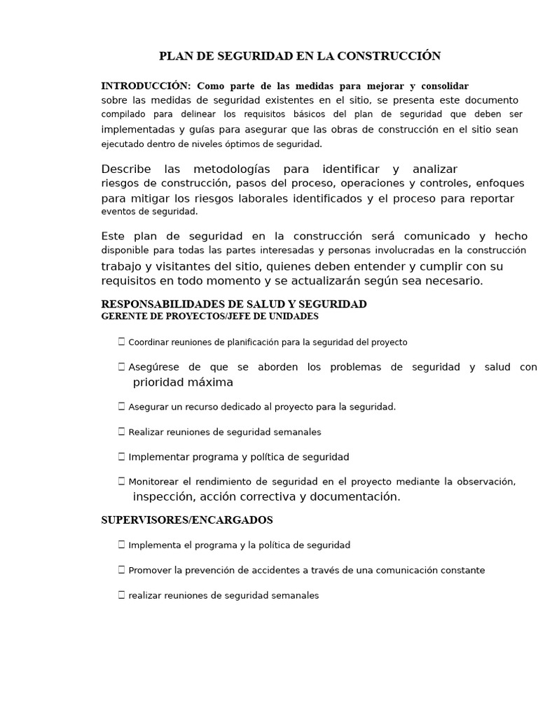 Plan de Seguridad en El Sitio de Construcción | PDF | Valores ...