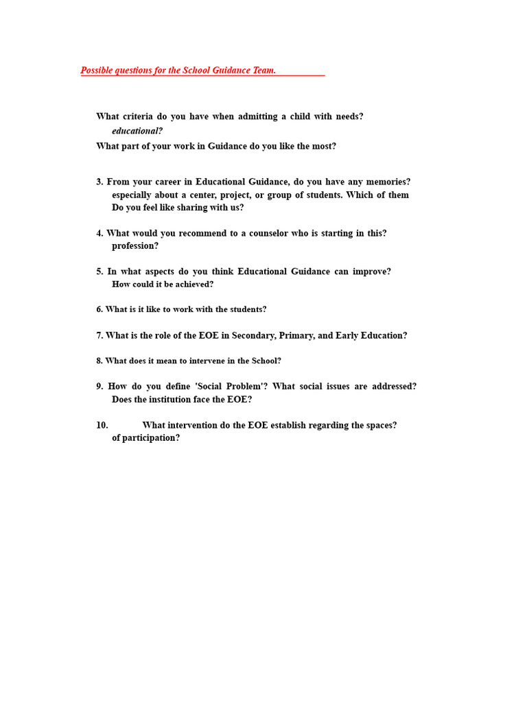 Possible Questions For The School Guidance Team | PDF