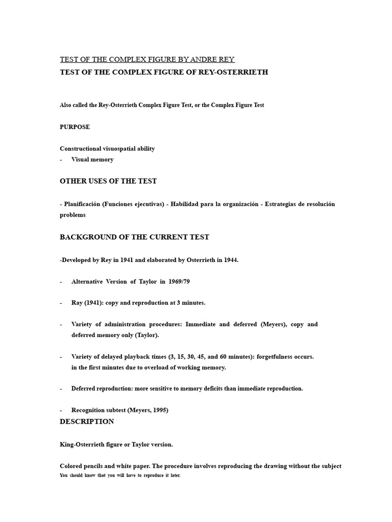 Rey-Osterrieth Complex Figure Test Guide | PDF | Memory | Psychological ...