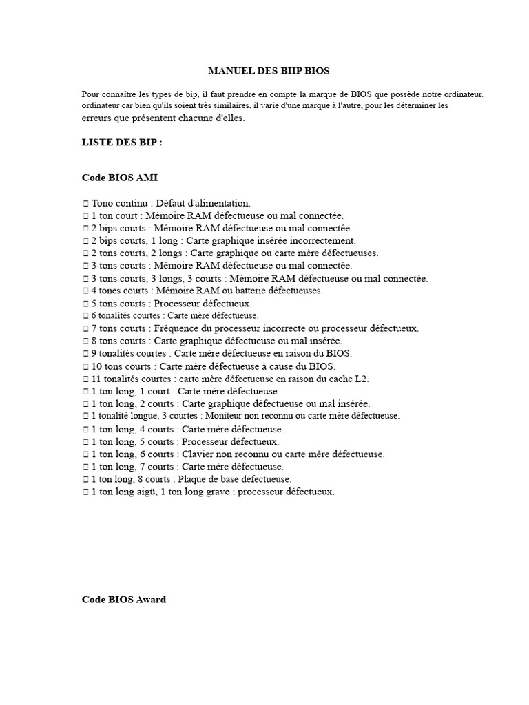 Codes de Bips BIOS et Diagnostics | PDF | Bios | Matériel informatique