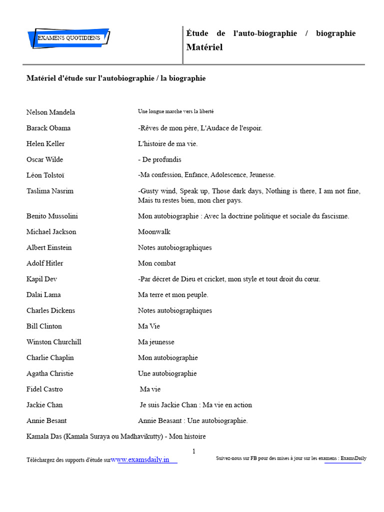 Matériel d'étude sur autobiographies et biographies | PDF