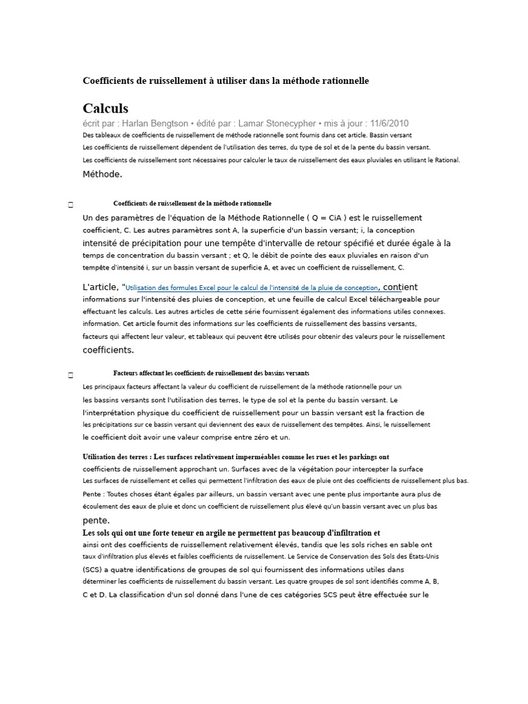 Tableau Des Coefficients de Ruissellement de La Méthode Rationnelle ...