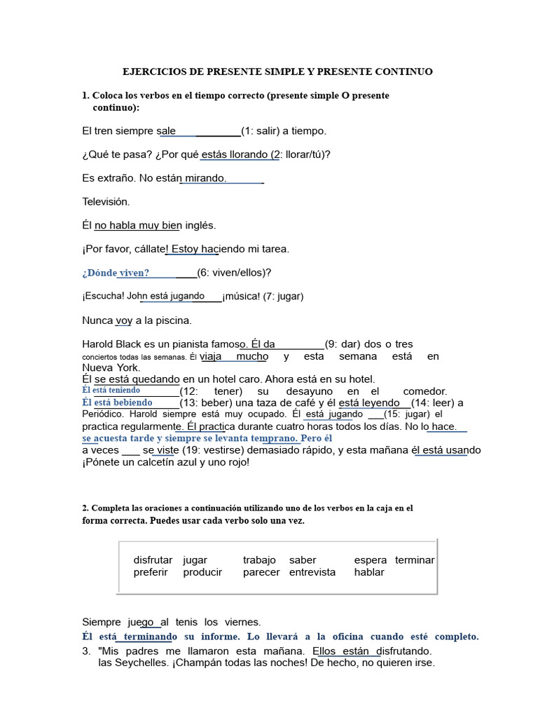 Ejercicios de Presente Simple y Continuo | PDF