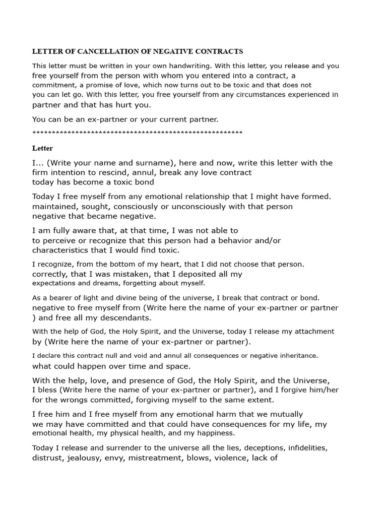 Letter of Cancellation of Negative Contracts | PDF | Love | Behavioural ...