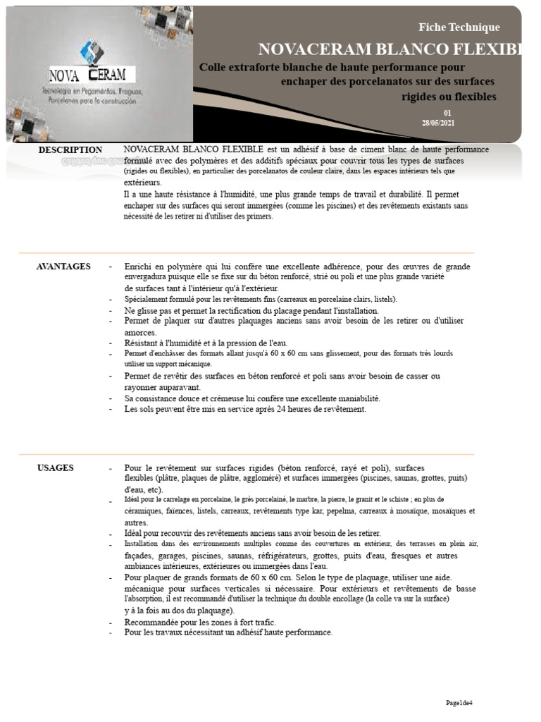 Colle Novaceram Blanco Flexible 25 kg | PDF | Adhésif | Carreau ...