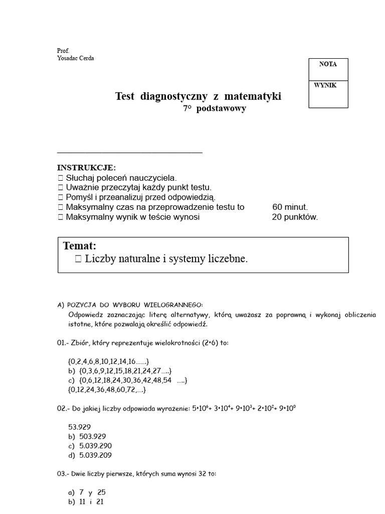 Test Diagnostyczny Matematyki Klasy 7 | PDF