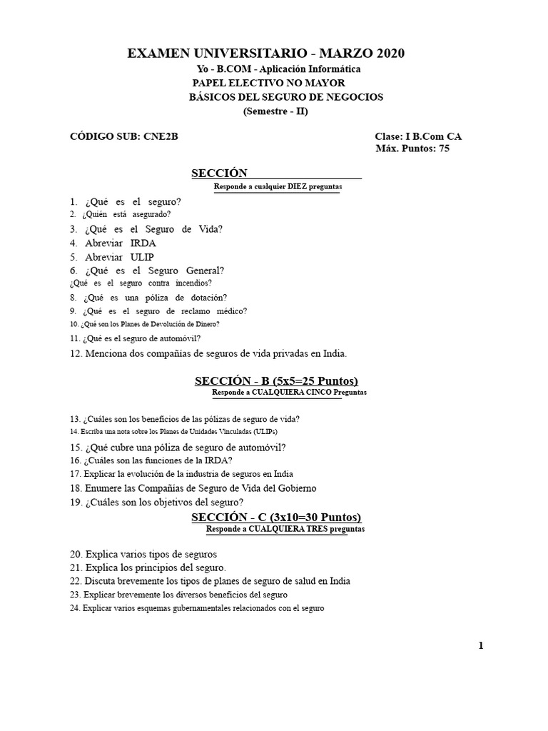 Examen de Fundamentos de Seguros 2020 | PDF | Seguro | Póliza de seguros