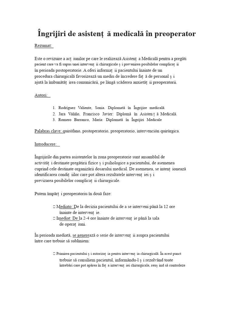 Îngrijiri de Asistență Medicală În Perioada Preoperatorie | PDF