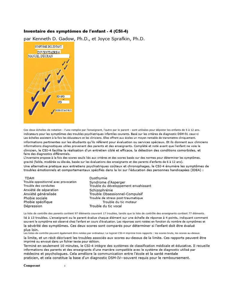 Inventaire des symptômes enfantins CSI-4 | PDF | Trouble mental ...