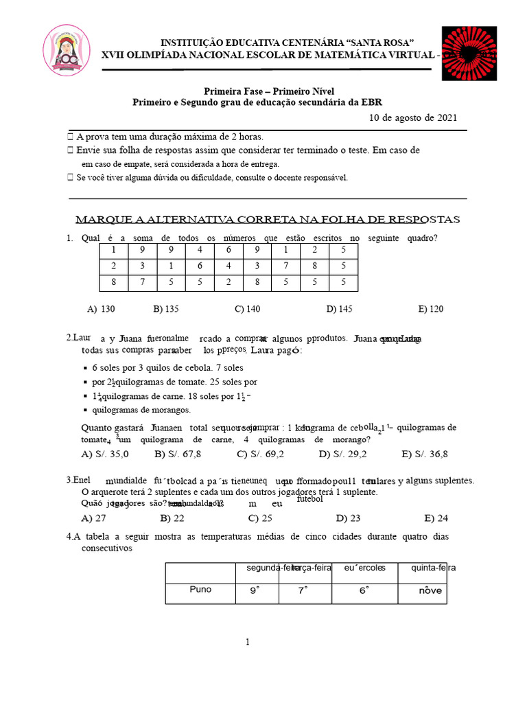 Prova Olimpíadas Matemáticas 1° Nível | PDF | Matemática | Cereais