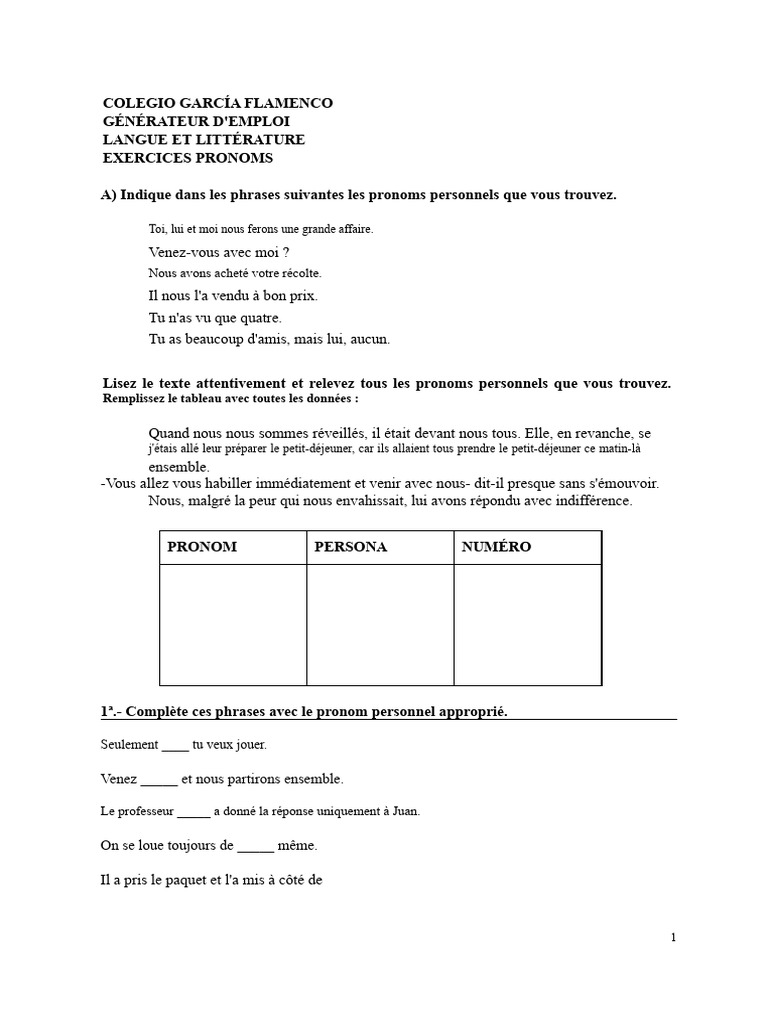 Exercices sur les pronoms personnels | PDF | Pronom