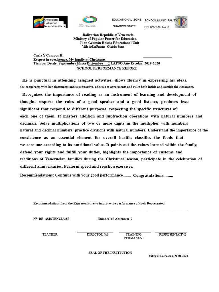 First Term Report Cards 6 A 2020 | PDF | Reading Comprehension | Venezuela