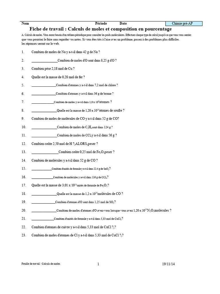 Calculs de moles et composition chimique | PDF | Mole (unité ...