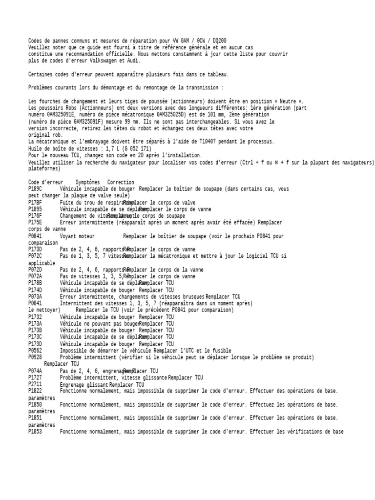 Codes de pannes VW et Audi DQ200 | PDF | Embrayage