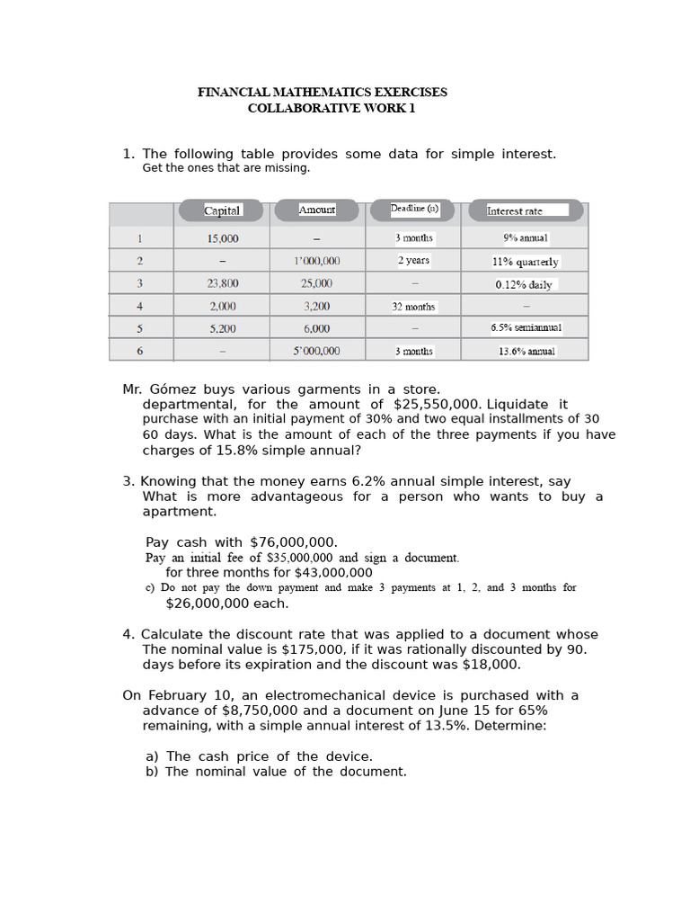 Financial Mathematics Exercises Guide | PDF | Interest | Discounting