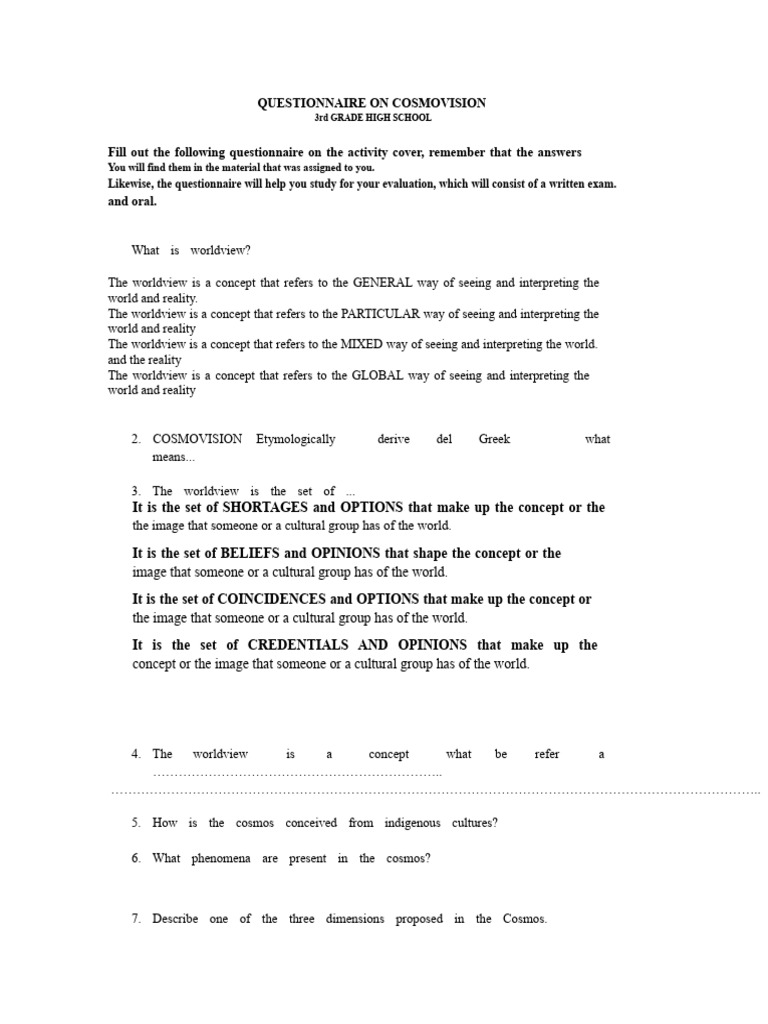 Questionnaire On Cosmovision | PDF | Knowledge | Questionnaire