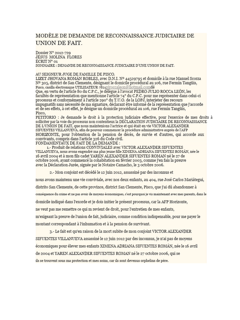 Modèle de Demande de Reconnaissance Judiciaire D'union de Fait | PDF ...