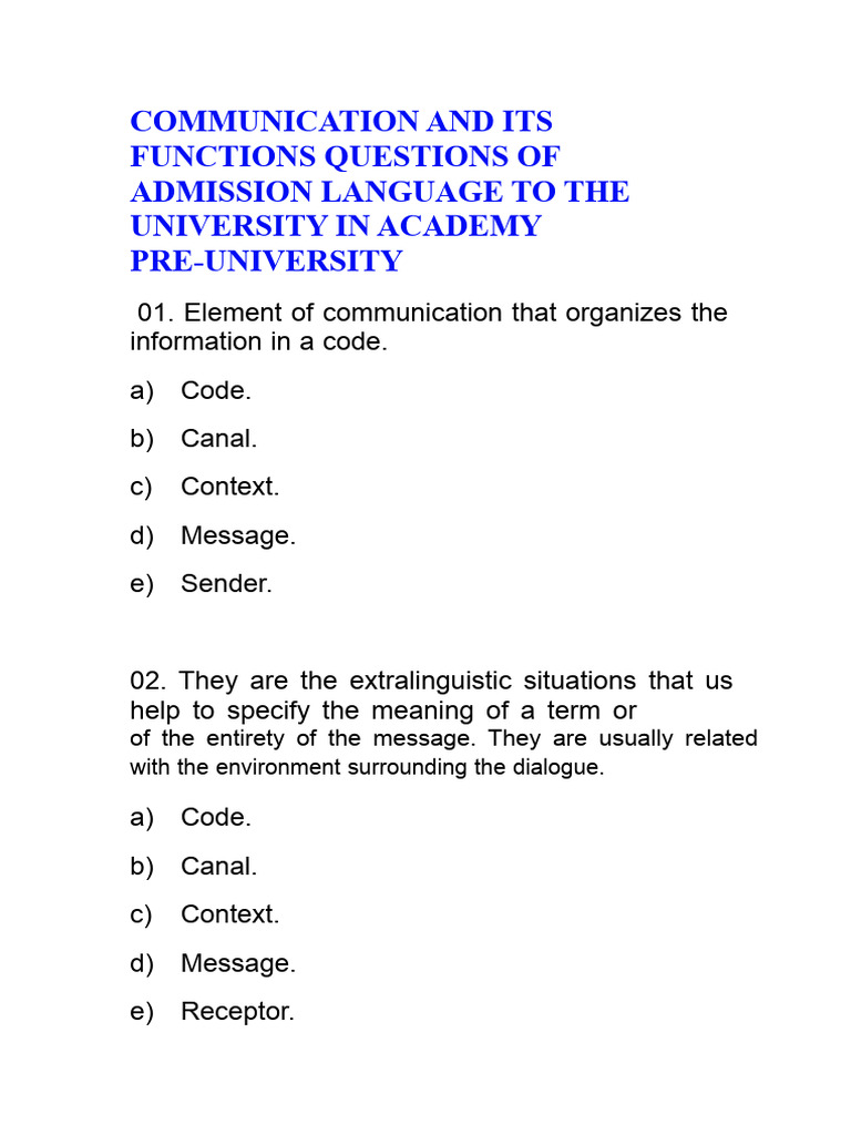 Communication and Its Functions Language Questions For University ...