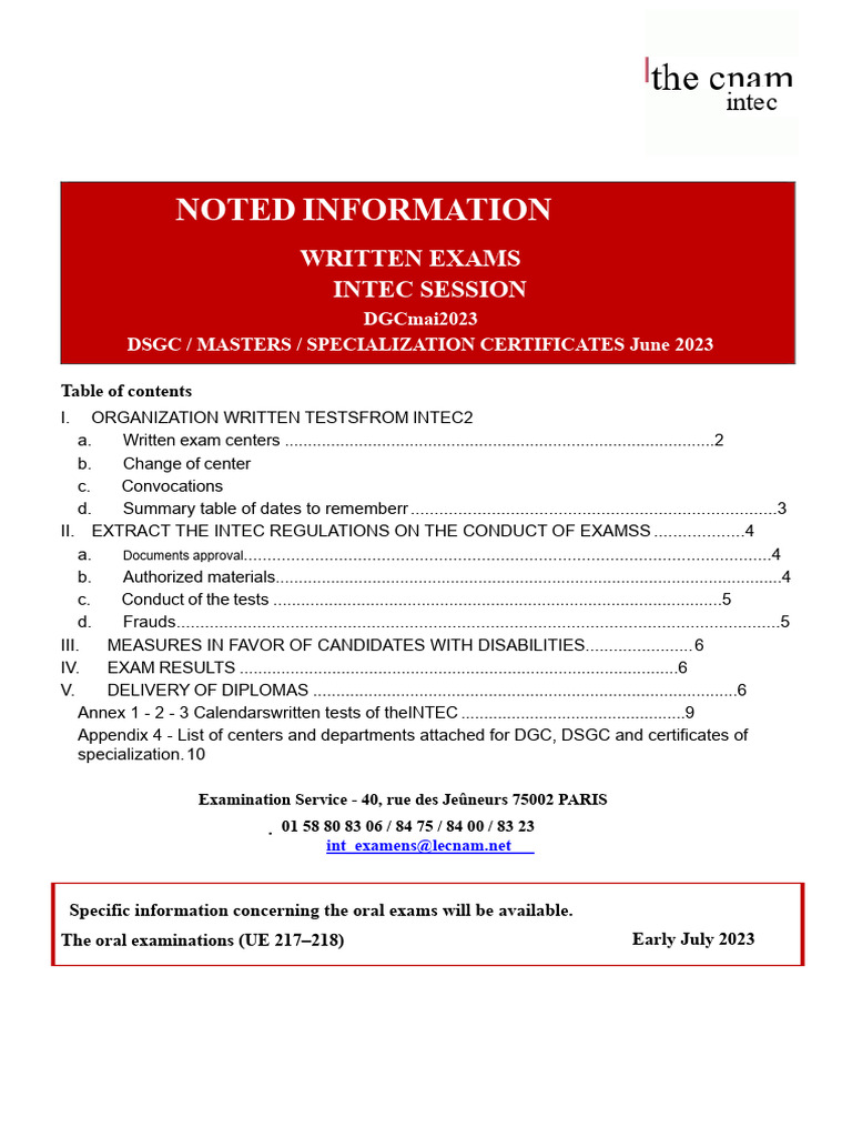 Information Note Organization of Written Exams Intec - Session 2023 ...