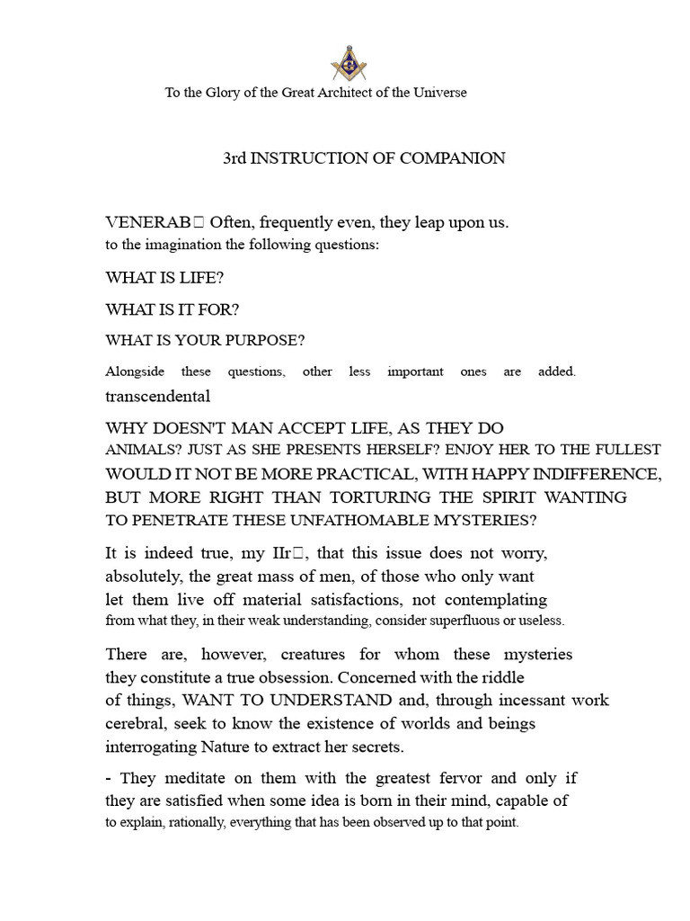 3rd INSTRUCTION OF THE DEGREE OF MASONIC COMPANION | PDF | Truth | Meditation