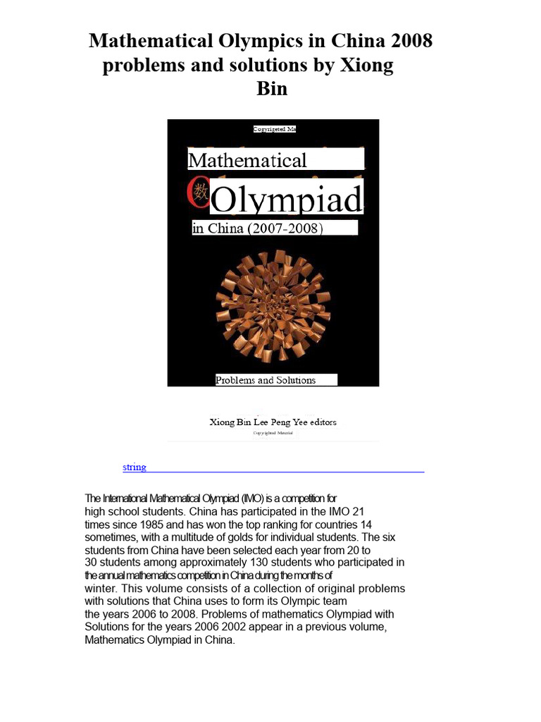 Mathematics Olympiad in China 2008 Problems and Solutions by Xiong Bin