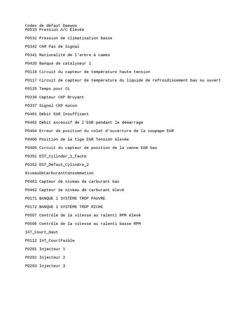 Codes de défaut Daewoo P0532 et autres | PDF